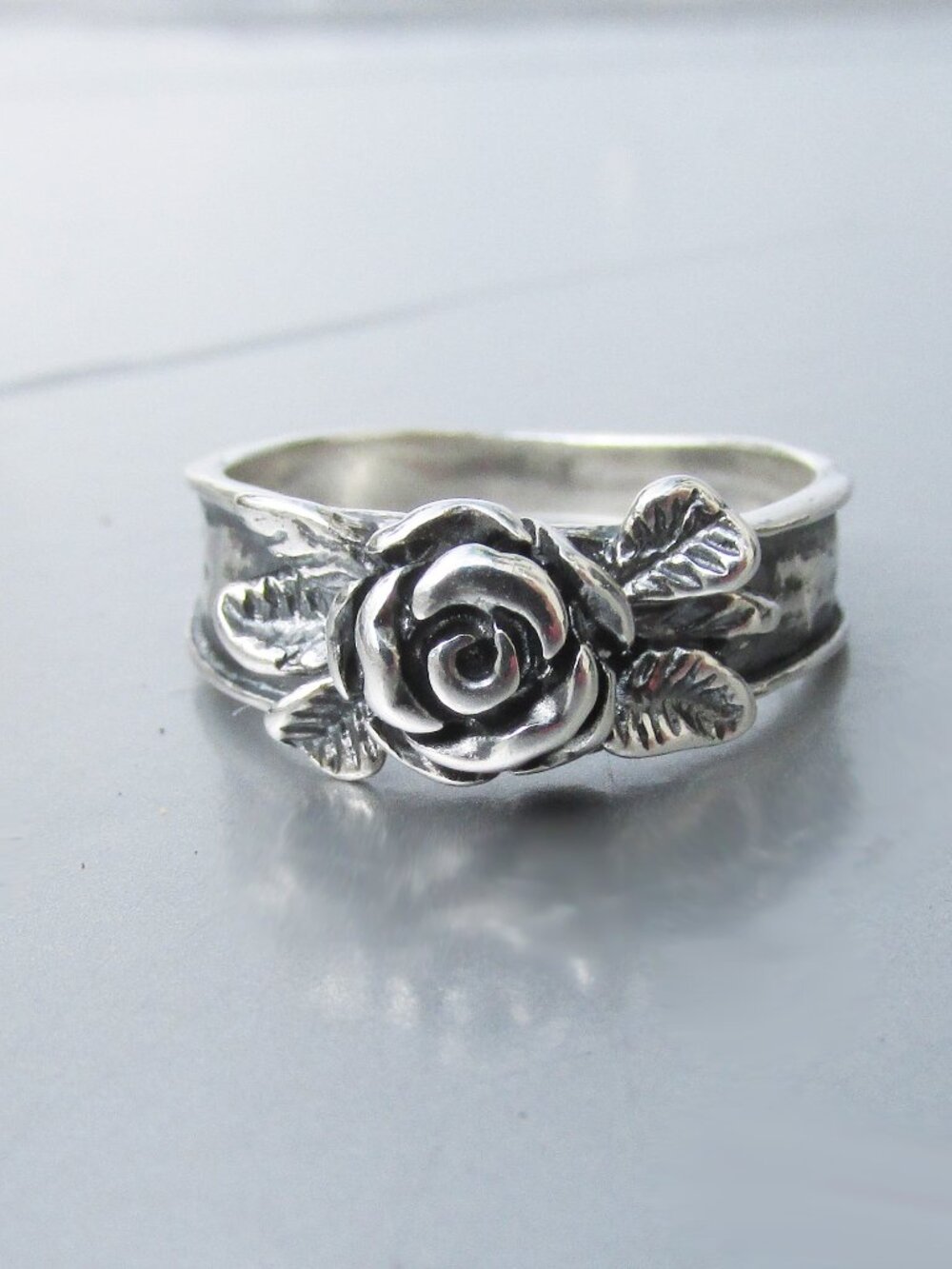 Vintage Sterling Silver OR PAZ Israel 3-D ROSE & Leaves on Band Ring Sz 7